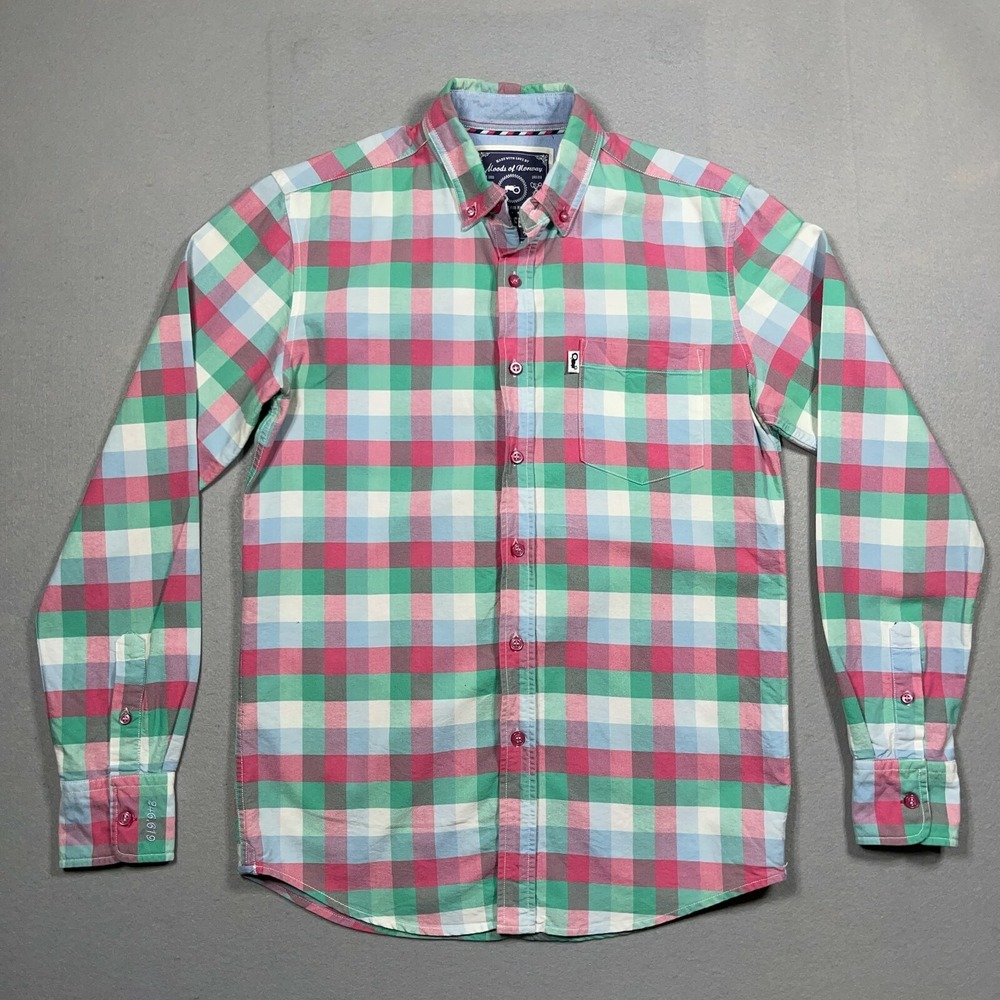 Moods Of Norway Button Down Shirt Men Small Plaid Pink Green Summer Casual